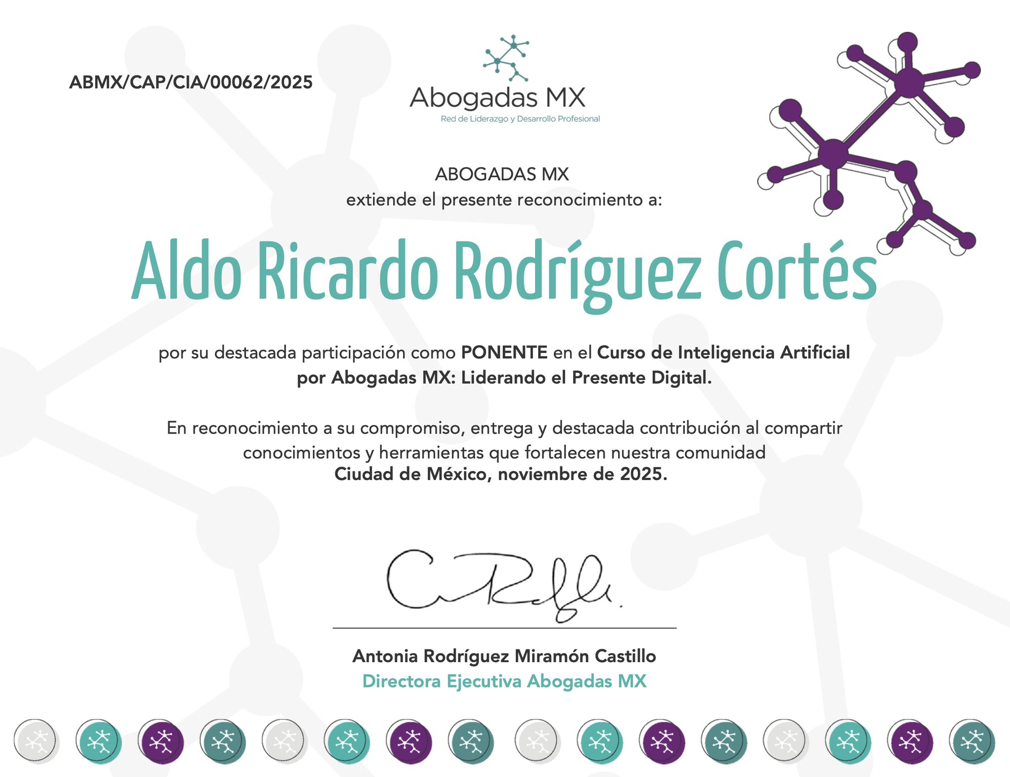 Reconocimiento de Abogadas MX a Aldo Ricardo Rodríguez por su participación como ponente (noviembre 2025).