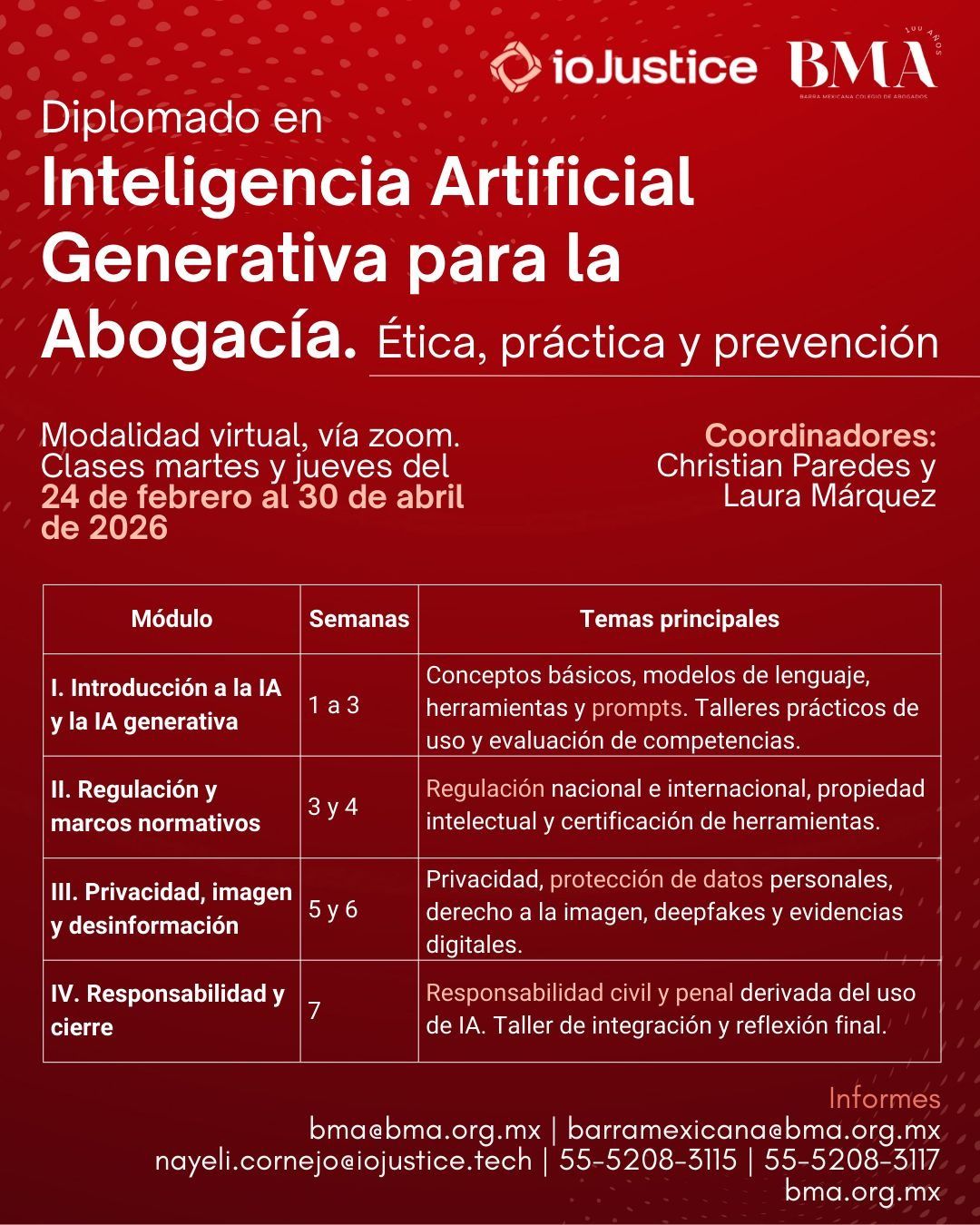 Programa del Diplomado — 24 de febrero al 30 de abril de 2026, coordinado por Christian Paredes y Laura Márquez.